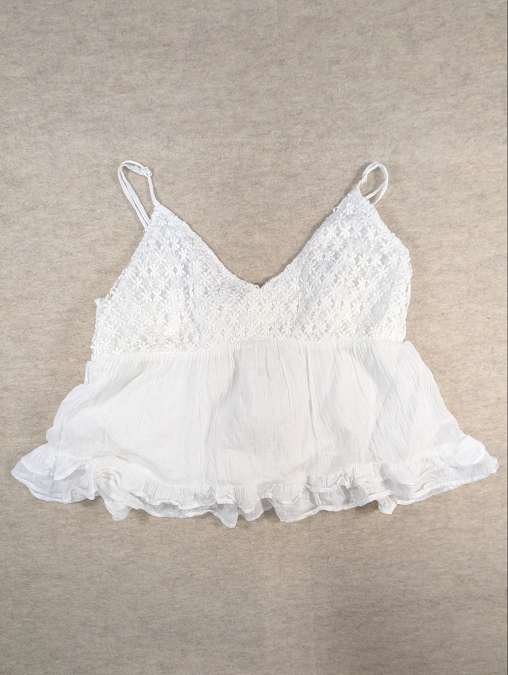 Alter'd State Coachella Vibes White Ruffle Cami Strap Cropped Babydoll Top XL